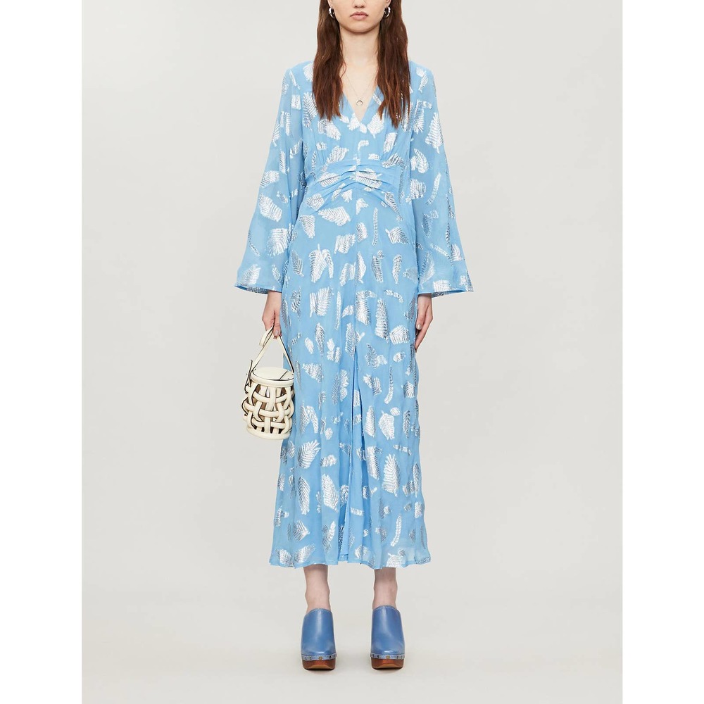 RIXO London Blue Indra Metallic Feather Print Midi Dress - Picture 3 of 12